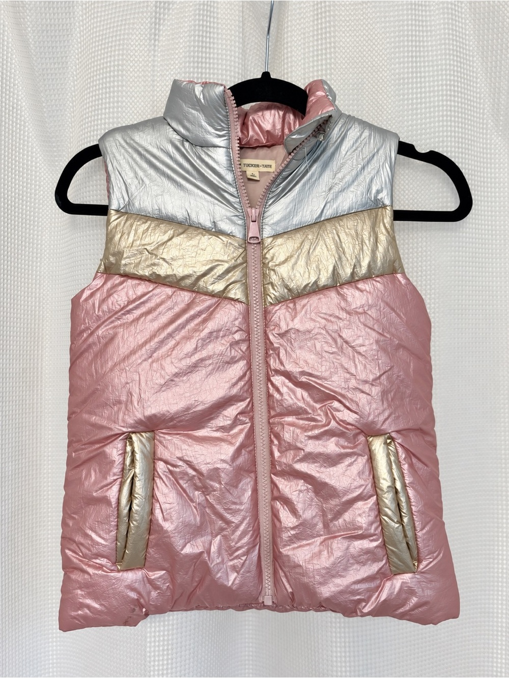 NWT Tucker + Tate Kids Metallic Colorblock Puffer Vest Silver Multi Pink Size 7